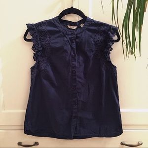 Jack Wills Navy Buttoned Blouse with Lace Detail